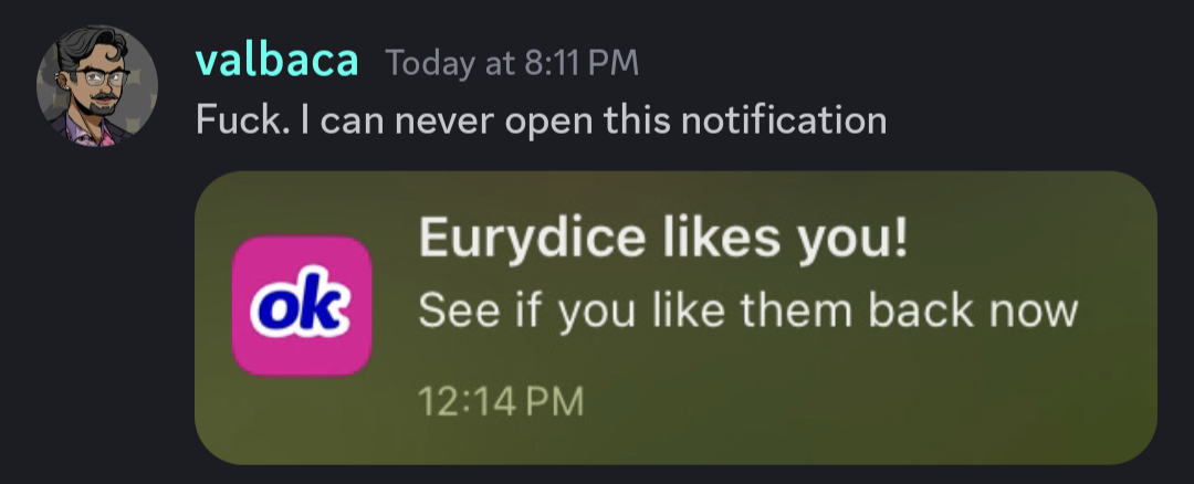 A screenshot of an OkCupid notification
